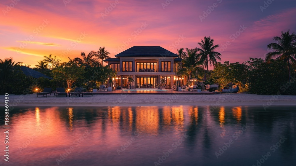 Fototapeta premium Idyllic tropical beach villa at sunset showcasing luxury and tranquility
