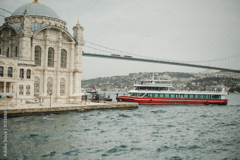 Fototapeta premium Scenic Bosphorus Strait, Maritime Traffic and Coastal Views
