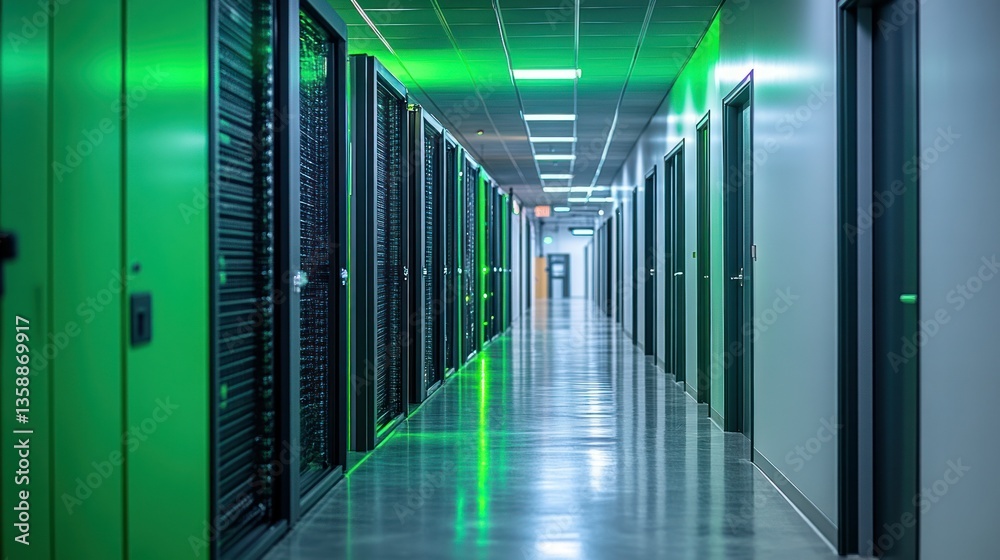 Fototapeta premium Modern data center corridor with green lighting effects