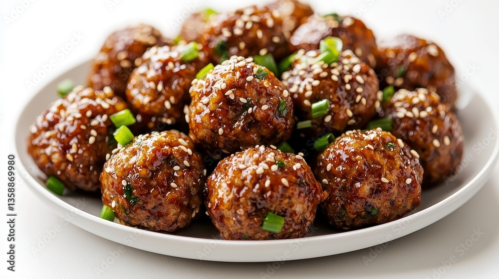 Savory plate of spicy meatballs topped with sesame seeds and green onions for a delicious asian inspired meal Savory plate of spicy meatballs topped with sesame seeds and green onions for a delicious asian inspired meal