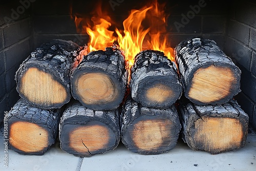 Burning fireplace logs with visible flames and charring details on the wood