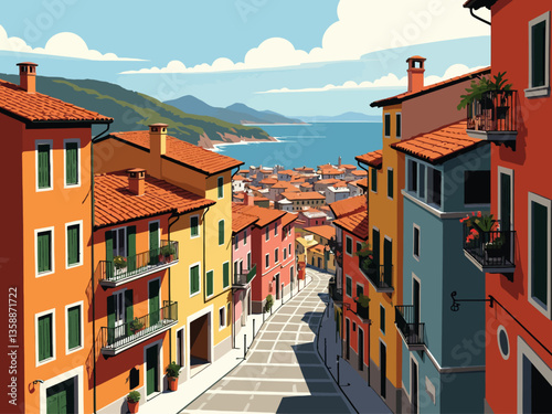  colorful houses in Ispica, Italy, a bustling cityscape with multi-level buildings and green roofs