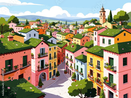  colorful houses in Ispica, Italy, a bustling cityscape with multi-level buildings and green roofs