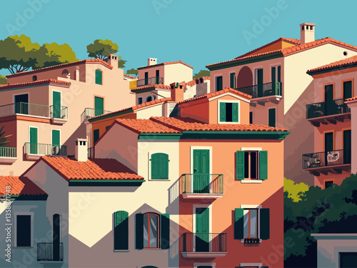  colorful houses in Ispica, Italy, a bustling cityscape with multi-level buildings and green roofs