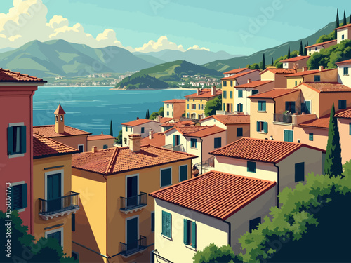  colorful houses in Ispica, Italy, a bustling cityscape with multi-level buildings and green roofs
