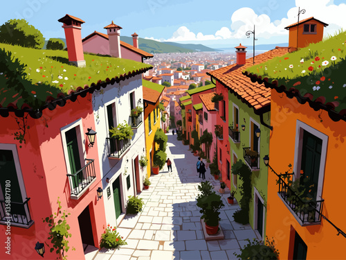  colorful houses in Ispica, Italy, a bustling cityscape with multi-level buildings and green roofs