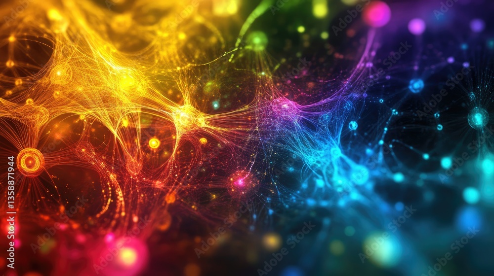 Obraz premium Abstract Colorful Background with Light Trails and Particle Effects in Tones of Red, Yellow, Blue, Green, and Purple