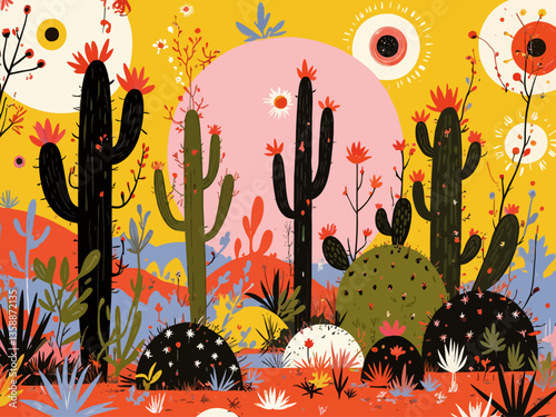 Cactus abstract ornament exotic desert cacti, wild plants, prickly succulents in flat style