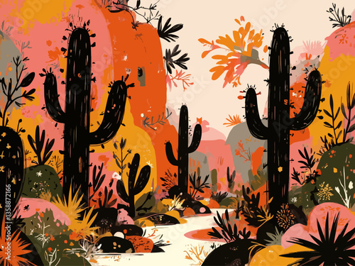 Cactus abstract ornament exotic desert cacti, wild plants, prickly succulents in flat style