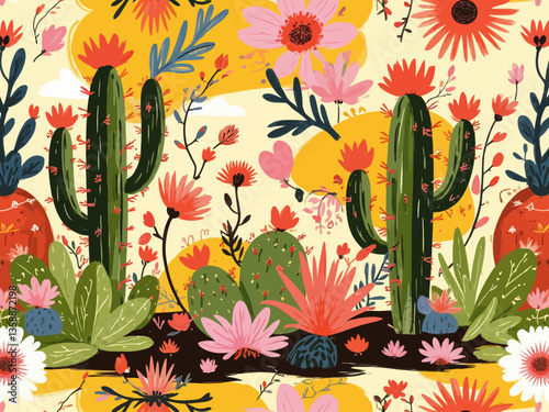 Cactus abstract ornament exotic desert cacti, wild plants, prickly succulents in flat style