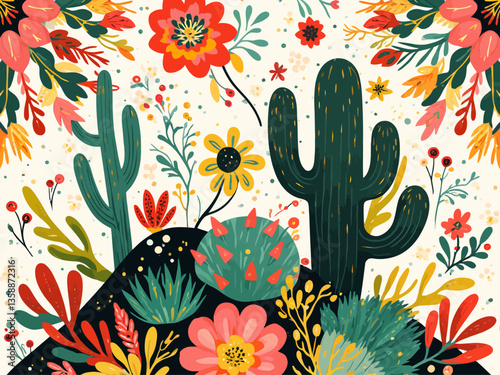 Cactus abstract ornament exotic desert cacti, wild plants, prickly succulents in flat style