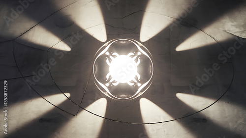 Abstract geometric light fixture casting intricate shadows on textured concrete