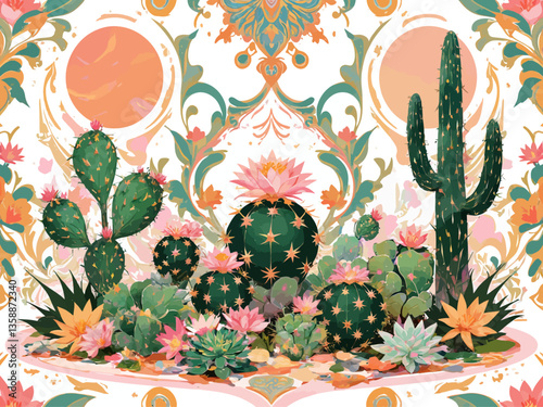 Cactus abstract ornament exotic desert cacti, wild plants, prickly succulents in flat style