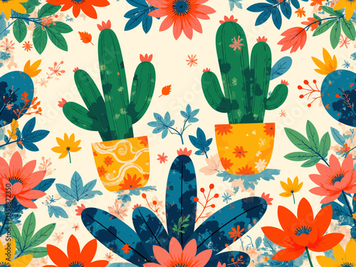 Cactus abstract ornament exotic desert cacti, wild plants, prickly succulents in flat style