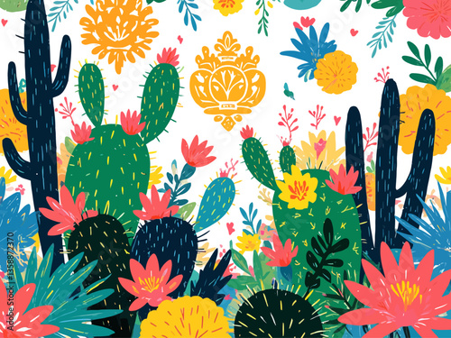 Cactus abstract ornament exotic desert cacti, wild plants, prickly succulents in flat style