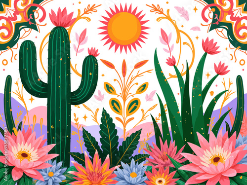 Cactus abstract ornament exotic desert cacti, wild plants, prickly succulents in flat style