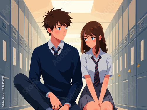 a male and a female, seated side-by-side in a school hallway with gray lockers in the background