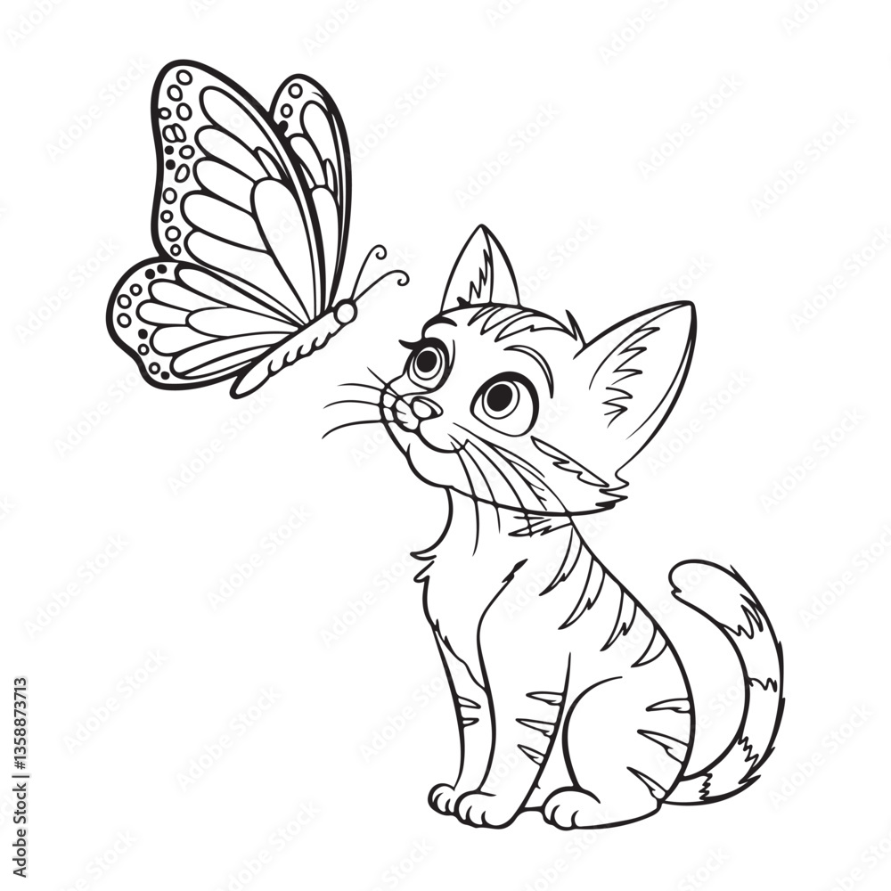 Fototapeta premium Cute black cat sitting with a butterfly in a fun cartoon vector illustration