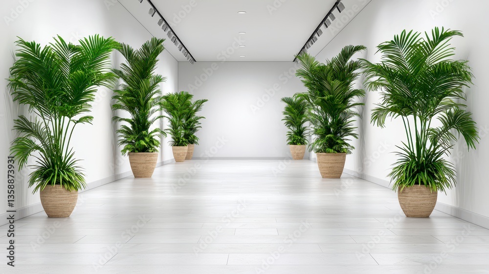 Bright Minimalist Hallway with Potted Plants and Clean Lines Bright Minimalist Hallway with Potted Plants and Clean Lines