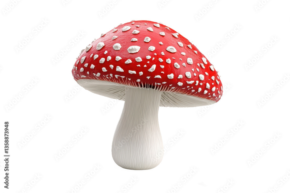 Isolated image of a single red and white spotted mushroom with a white stem on a black background