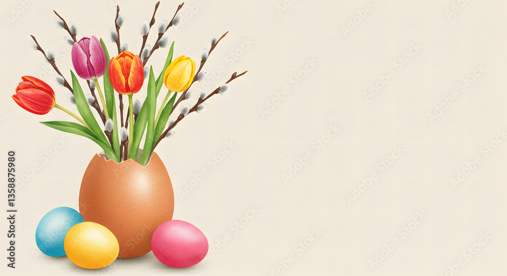 Obraz premium Easter bouquet in egg with colorful eggs on light background 