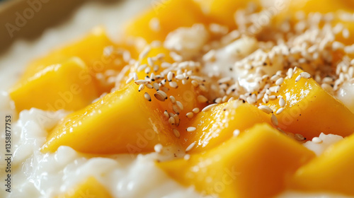 Creamy Rice Pudding Topped with Fresh Ripe Mango Chunks and Toasted Sesame Seeds for a Delicious Dessert Experience