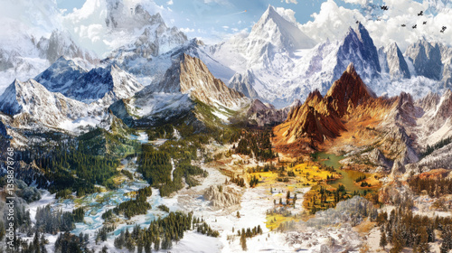 Breathtaking Panoramic View of Majestic Mountains, Lush Valleys, and Serene Lakes Under Vibrant Sky in Stunning Natural Landscape, Ideal for Nature Enthusiasts and Travel Lovers
