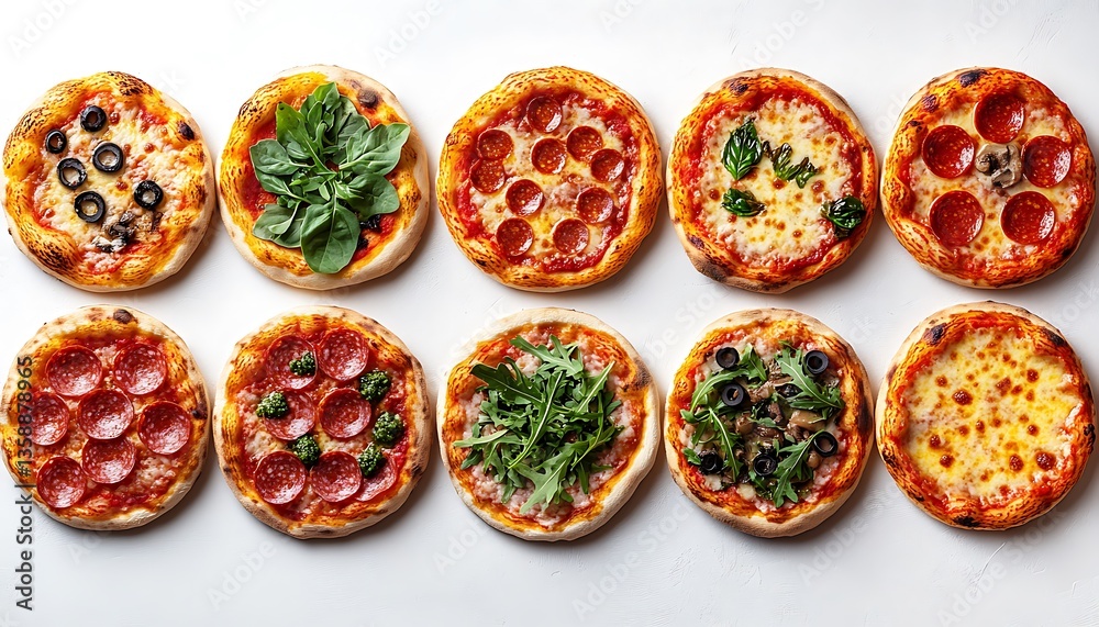 Ten Delicious Mini Pizzas with Different Toppings on a White Surface Ten Delicious Mini Pizzas with Different Toppings on a White Surface