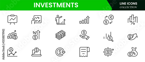 Investment, investor, risk management, economy, financial gain, money, coins symbols. Outline icon collection. Vector illustration