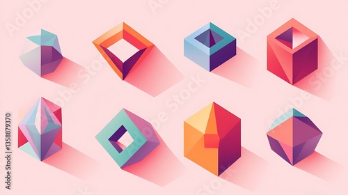Eight vibrant low-poly geometric shapes in isometric view with Colorful modern design.