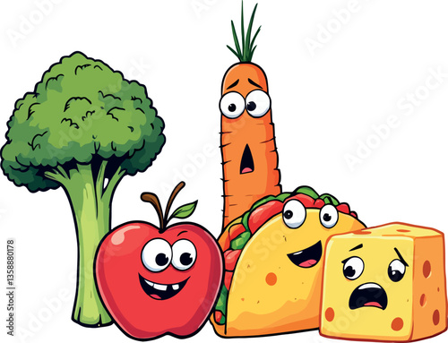 Funny cartoon vegetables and fast food expressing emotions