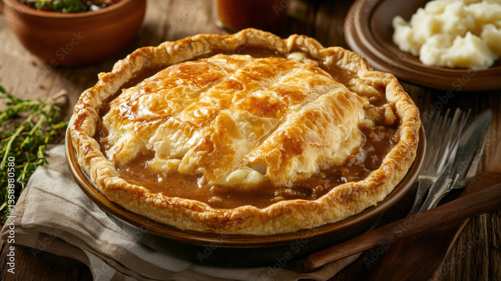 Golden Brown Savory Chicken Pie with Flaky Crust on Wooden Table Surrounded by Rustic Kitchenware, Perfect for Comfort Food Lovers and Holiday Gatherings Golden Brown Savory Chicken Pie with Flaky Crust on Wooden Table Surrounded by Rustic Kitchenware, Perfect for Comfort Food Lovers and Holiday Gatherings