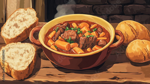 A Delicious Bowl of Hearty Beef Stew with Fresh Vegetables Surrounded by Rustic Bread on a Wooden Table Setting Evoking Warmth and Comfort