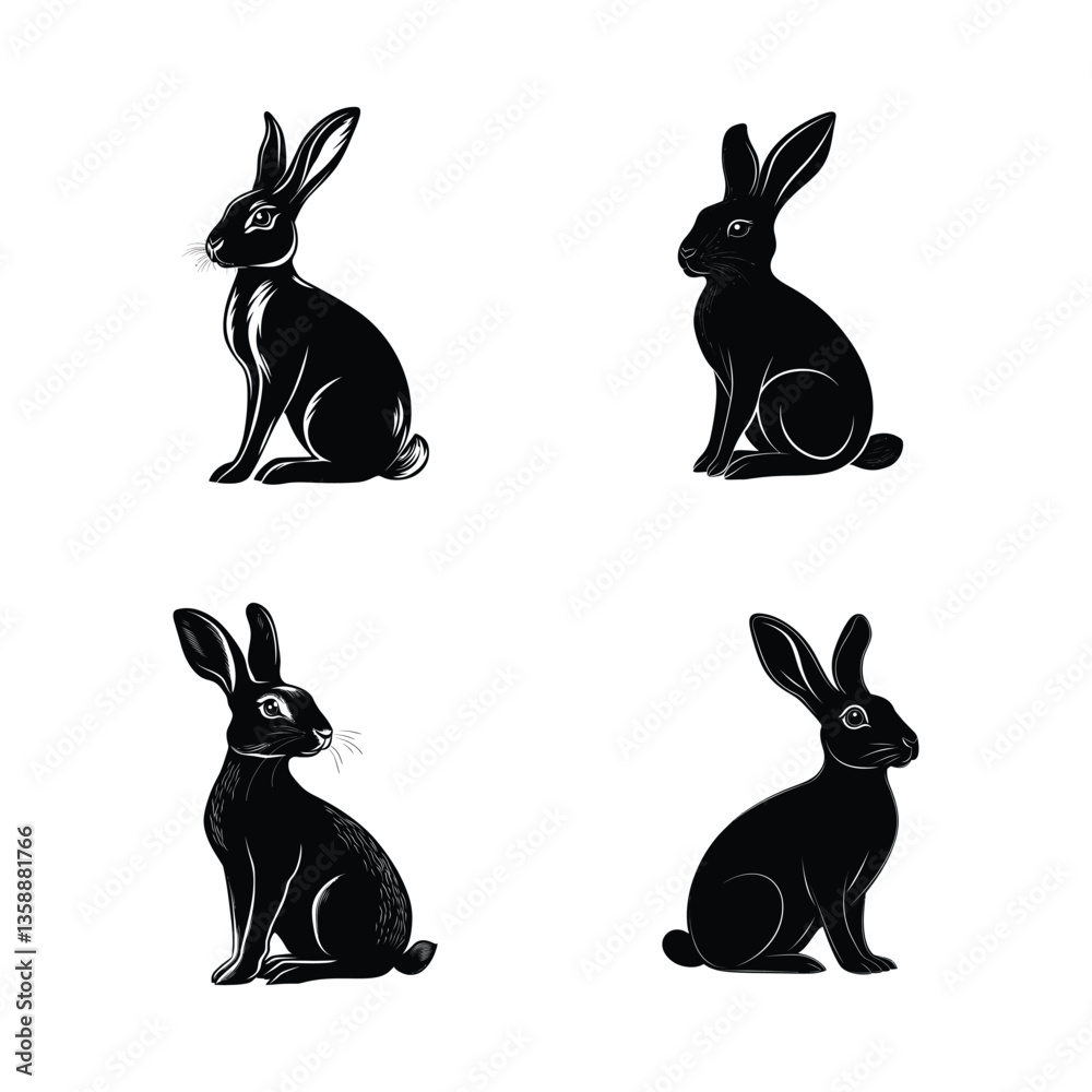 Fototapeta premium Rabbit black silhouette set of simple minimal vector