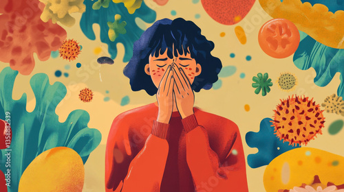 Young person showing distress surrounded by colorful vibrant shapes, organisms, and abstract elements, symbolizing emotions, mental health, and inner turmoil in an artistic style