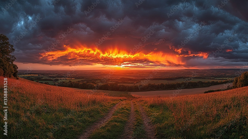 Obraz premium Autumn Sunset Panorama with Orange and Dark Stormy Clouds, Creating a Beautiful Backdrop -