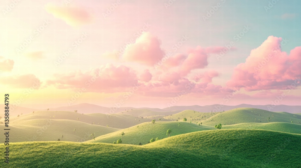 Obraz premium illustration of Summer fields landscape with a dawn,Rainbow, green grass hills, bright color blue sky, country background,banner resting vacation.