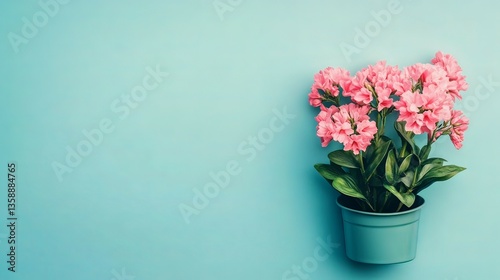 Wallpaper Mural Pink Flowers in a Teal Pot Against a Light Blue Background Torontodigital.ca