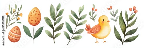 Minimal floral and foliage composition with soft pastel tones arranged symmetrically in balanced spring vector artwork reflecting seasonal elegance and calm