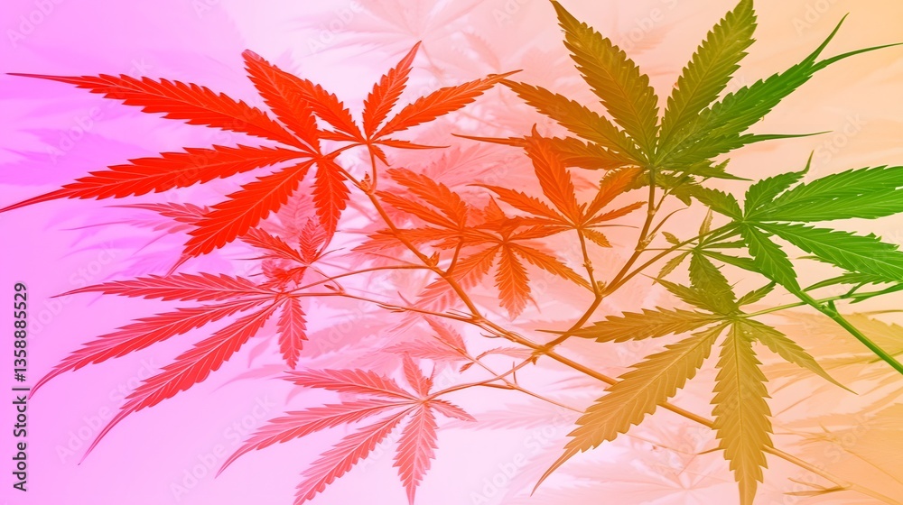 Colorful Abstract Image of Maple Leaves in Shades of Red and Green against a Soft Pink Background Colorful Abstract Image of Maple Leaves in Shades of Red and Green against a Soft Pink Background