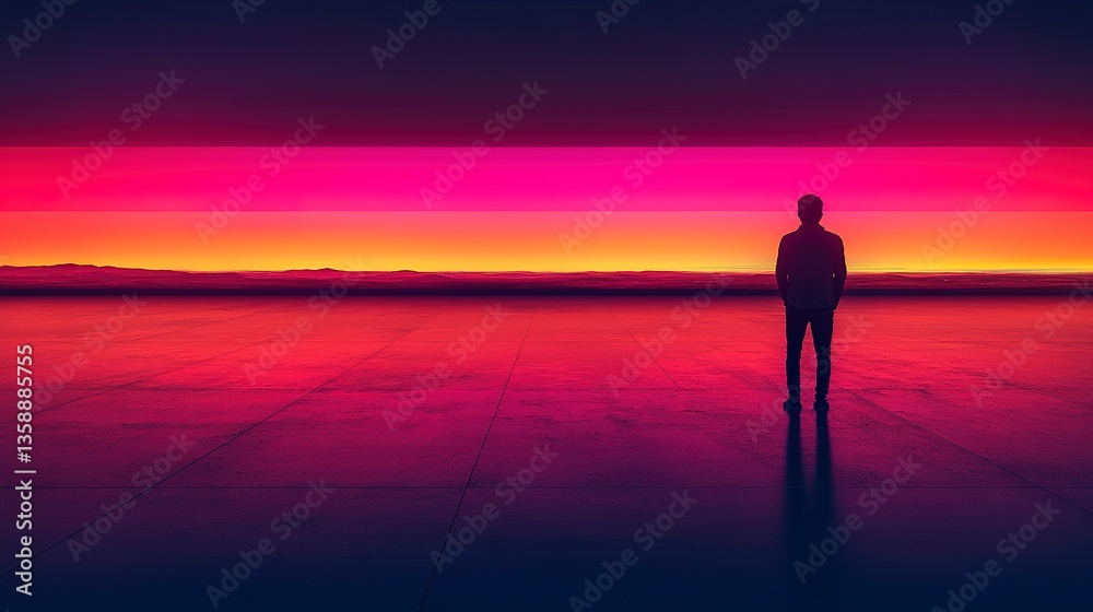 A solitary figure stands gazing at the vibrant sunset colors A solitary figure stands gazing at the vibrant sunset colors