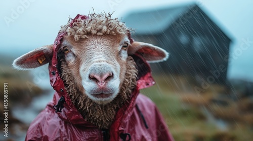 A sheep clad in a red rain jacket stands resolutely in a misty landscape, embodying resilience and curiosity in the face of the elements under a muted, rainy atmosphere.