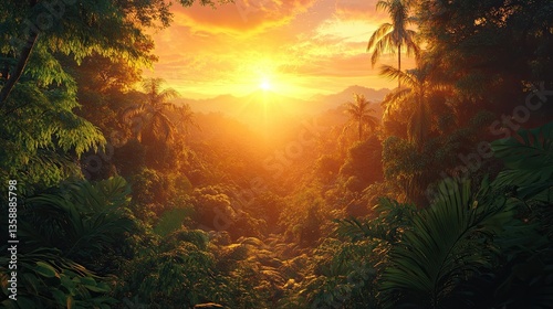 Beautiful Amazon Forest Landscape at Sunset or Sunrise, AI-Generated, Lush and Vibrant Scene -