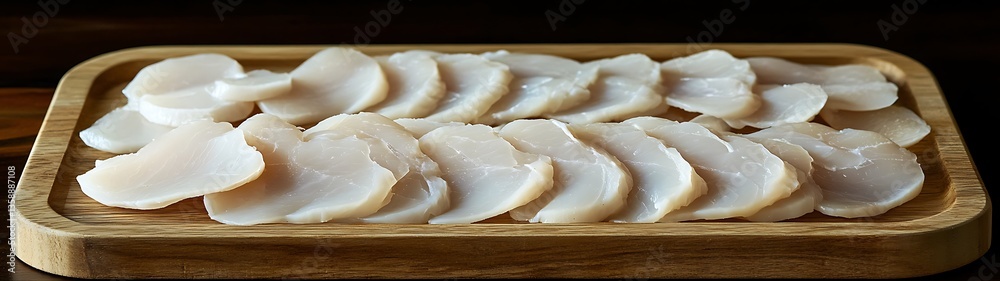 Sliced Scallops on Wooden Board.