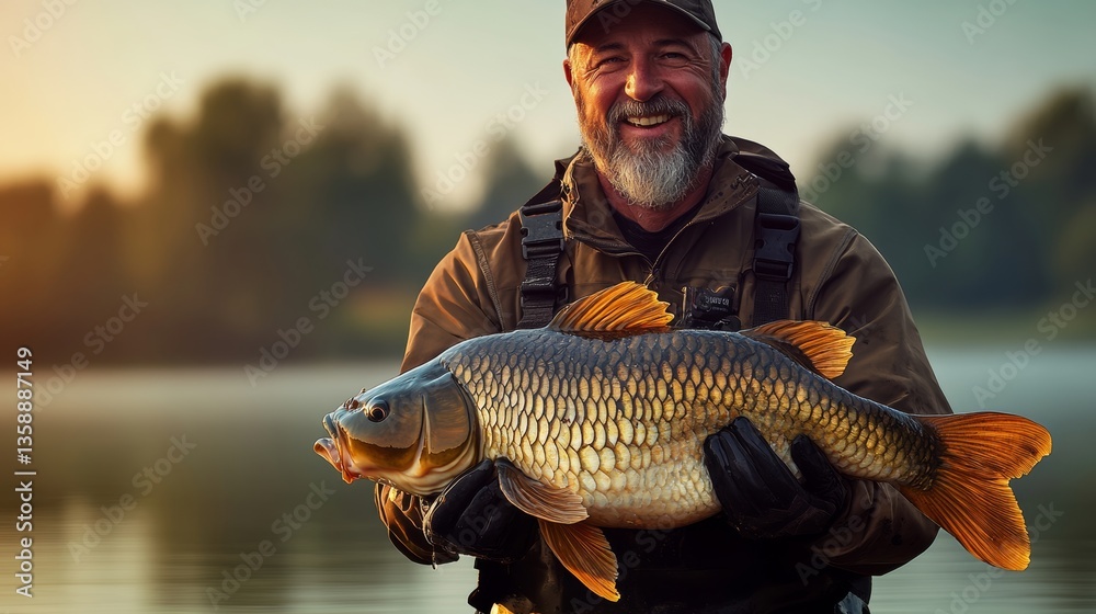 A man is holding a large fish in his hands. The fish is brown and orange, and the man is smiling. Concept of accomplishment and joy, as the man has successfully caught a big fish A man is holding a large fish in his hands. The fish is brown and orange, and the man is smiling. Concept of accomplishment and joy, as the man has successfully caught a big fish