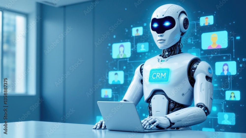 A robotic figure with glowing eyes operates a laptop in a modern office, surrounded by digital icons representing customer relationship management (CRM). A robotic figure with glowing eyes operates a laptop in a modern office, surrounded by digital icons representing customer relationship management (CRM).