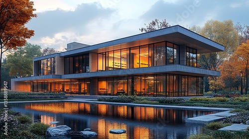A modern school building showcasing clean lines, large glass windows, and open courtyards, with a sleek, minimalist design that emphasizes natural light and functionality. 