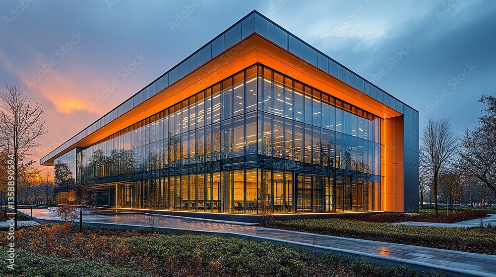 Obraz premium A modern school with striking angular facades, expansive glass walls, and a creative design that emphasizes functionality and aesthetic appeal. 