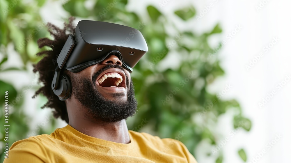 Obraz premium A cheerful man in a yellow shirt experiencing a virtual reality adventure while wearing a VR headset, fully immersed in the exciting digital world around him.