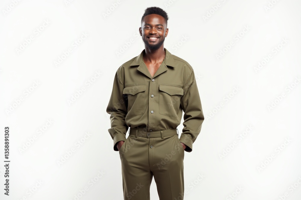 Obraz premium Half-Length (Waist-Up) portrait of young stylish smiling Mauritanian male model in military wear isolated on pure white background looking at camera